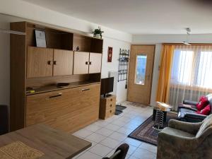 een woonkamer met een bank en een tv. bij Flumina - Ferienwohnung für max. 4 Personen in Flims