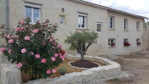 a house with pink roses in front of a building at L'âtre de l'Abeilloire in Chabournay
