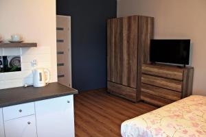 a bedroom with a bed and a tv in a room at Apartamenty w Kamienicy in Poddębice