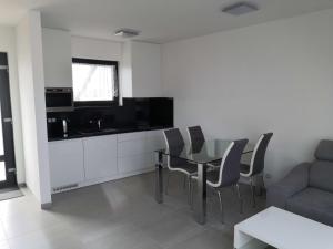 a kitchen and dining room with a table and chairs at Apartmán Starovičky 406 in Starovičky