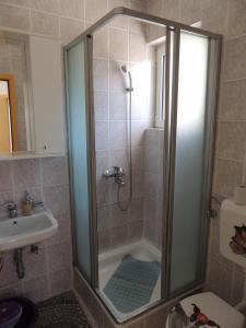 een douche met een glazen deur in de badkamer bij Apartmani Šutić in Promajna