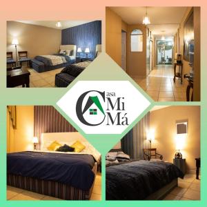 a collage of four pictures of a hotel room at Casa MiMá in Guatemala