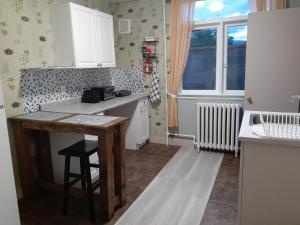 a kitchen with a counter and a table and a window at Chameleon Hotel in Castlegar