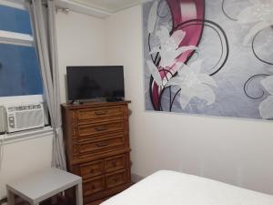 a bedroom with a television and a dresser with a painting at Chameleon Hotel in Castlegar