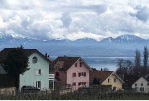 a group of houses with mountains in the background at Queen Guest Room in Mont-sur-Rolle