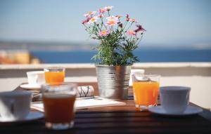 einen Tisch mit einer Vase aus Blumen und Gläsern Orangensaft in der Unterkunft Apartments Antic SELCE in Selce