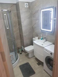 ein Bad mit einem WC, einem Waschbecken und einer Dusche in der Unterkunft Alezzi Sunwaves in Mamaia Nord – Năvodari