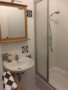 a bathroom with a sink and a shower at Gutshaus Zarnewanz in Zarnewanz +16 photos