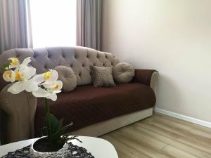 sala de estar con sofá marrón y mesa en YNS Apartaments, en Iaşi