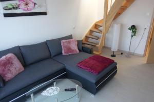 a living room with a blue couch with pink pillows at Gästewohnung 16 in Oschersleben