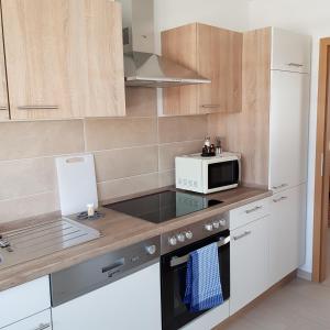 a kitchen with a microwave and a stove top oven at Gästewohnung 16 in Oschersleben