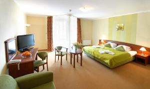 um quarto de hotel com uma cama e uma televisão em Villa Arstone em Świnoujście