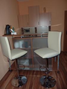 a kitchen with two white chairs and a counter at Ferienwohnung Am Deich in Bleckede