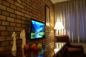 Ośrodek Wypoczynkowy MAX في جرنلتويك: غرفة فندق فيها تلفزيون على جدار من الطوب