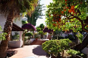 un giardino con fiori, alberi e scale di Gattopardo Park Hotel a Città di Lipari