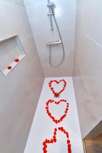a bathroom with a shower with hearts painted on the floor at Appartement La petite terrasse sur les toits in Colmar +16 photos