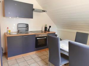 a kitchen with a sink and a table with chairs at Apartments Rhona III und IV Neunkirchen City in Neunkirchen