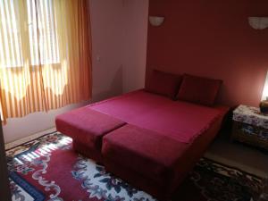 a bedroom with a red bed in a room with a window at Apartman Đorđević in Soko Banja