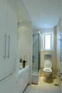 a white bathroom with a toilet and a shower at Cheya Residence Gumussuyu in Istanbul