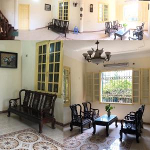 2 fotos de una sala de estar con sillas y mesa en Green Homestay, en Hanói