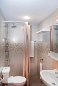 a bathroom with a toilet and a sink and a shower at Hostal Batato in Vejer de la Frontera