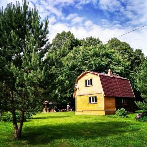 une petite maison dans un champ avec un arbre dans l'établissement База отдыха Логи, à Gerchiki