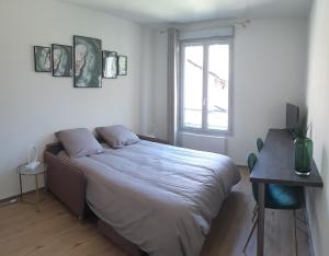 a bedroom with a bed and a desk and a window at Berge du Rhône, beau studio, proximité immédiate Universités Lyon 2 et Lyon 3, centre Lyon in Lyon