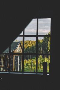 an open window with a view of a house at Blickinsfreie in Schöneck