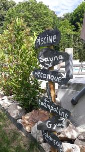 a group of signs on top of rocks at B&B "Le Parc des 4 Saisons" in Corrèze