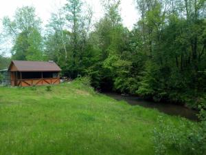 a cabin in a field next to a river at Садиба Вікторія in Morshin