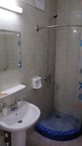 a bathroom with a shower with a sink and a shower at Casa Victoria in Nufăru