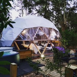 a iguana tent with a table in a yard at Lo Rey du Lac in Soorts-Hossegor