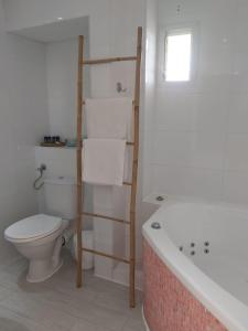 a bathroom with a toilet and a bath tub at El Yam in Netanya