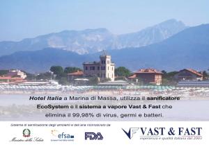 a poster for a mosque in a town with mountains in the background at Hotel Italia in Marina di Massa