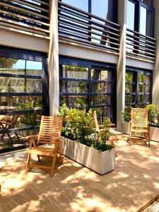 two wooden chairs sitting on a patio with plants at Royal Tennis Club in Marbella