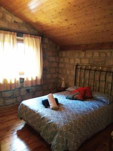 um quarto com uma cama num chalé de madeira em Hotel Rural del Médico em Regumiel de la Sierra