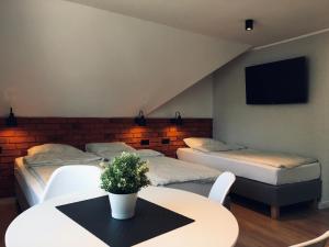 a room with two beds and a table and a tv at Pokoje w centrum in Krościenko