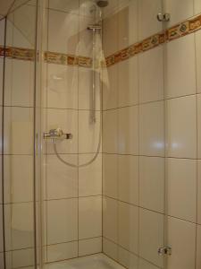 a shower with a glass door in a bathroom at Pension Walddorf in Winterberg
