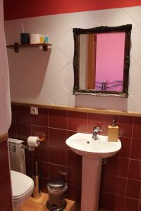 a bathroom with a sink and a mirror and a toilet at Hotel Rural del Médico in Regumiel de la Sierra