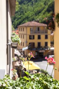 a view of a city from a balcony with flowers at Bridge Hotel in Bagni di Lucca