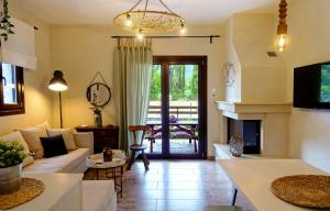 a living room with a couch and a fireplace at To Spiti - Pelion House in Kala Nera