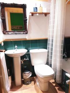 a bathroom with a toilet and a sink and a mirror at Hotel Rural del Médico in Regumiel de la Sierra