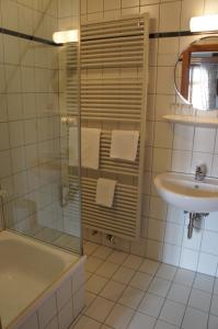 a bathroom with a glass shower and a sink at Hotel Schwarzer Adler in Erlangen