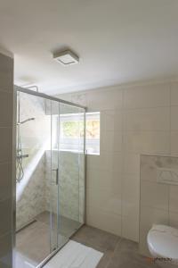a bathroom with a glass shower and a toilet at Zefír Apartments in Balatonfüred +33 photos