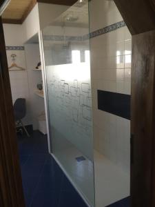 a glass shower in a bathroom with blue tiles at Portela Guesthouse in Cercal +26 photos