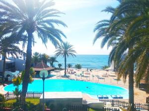 uitzicht op een zwembad met palmbomen en de oceaan bij A Dream On The Beach Sun Club in Playa del Aguila