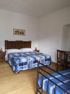 a bedroom with a bed with a blue and white blanket at Bed And breakfast Il Ghiro in Cedrasco