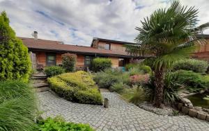 a garden in front of a house with a palm tree at Le Clos du Bois Joli in Lagnieu