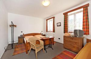 a bedroom with a bed and a desk and a tv at Penzion Kříž in Český Krumlov