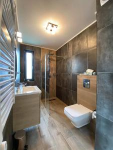 a bathroom with a toilet and a sink and a shower at Apartament Marco in Krynica Morska